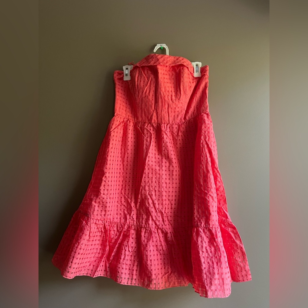 Hitherto Anthropologie Coral Strapless Dress eyelet embroidered design 12